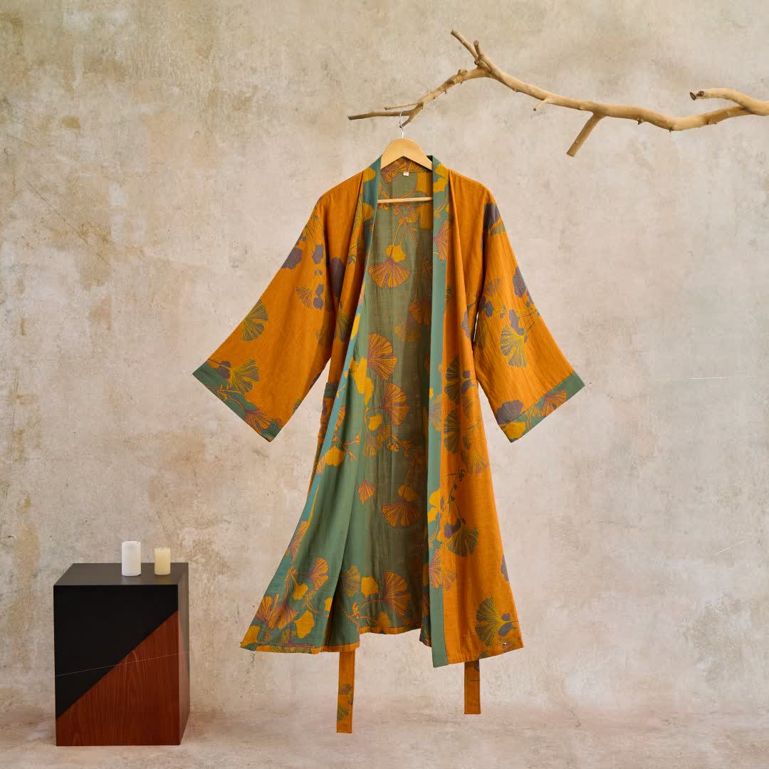 Women's Japanese-Style Cotton Gauze Robe with Oversized Botanical Print | Lightweight Kimono Wrap for Loungewear & Sleepwear