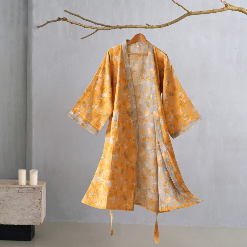 Cotton Gauze Kimono Robe Women Men Lightweight Bathrobe Ginkgo Leaf Pattern Unisex Loungewear Spa Wrap Housecoat Sleepwear Quick-Dry