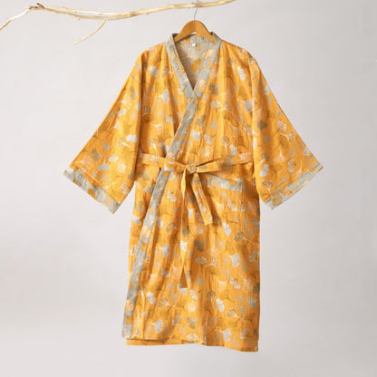 Cotton Gauze Kimono Robe Women Men Lightweight Bathrobe Ginkgo Leaf Pattern Unisex Loungewear Spa Wrap Housecoat Sleepwear Quick-Dry