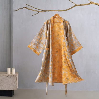 Cotton Gauze Kimono Robe Women Men Lightweight Bathrobe Ginkgo Leaf Pattern Unisex Loungewear Spa Wrap Housecoat Sleepwear Quick-Dry