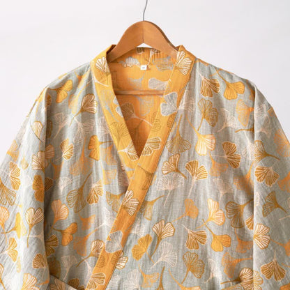 Cotton Gauze Kimono Robe Women Men Lightweight Bathrobe Ginkgo Leaf Pattern Unisex Loungewear Spa Wrap Housecoat Sleepwear Quick-Dry