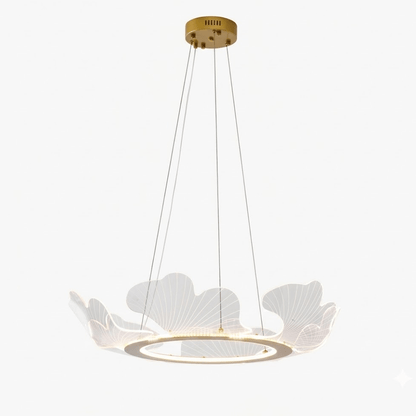 Round Pendant Light with Acrylic Leaf Diffuser 27 in Gold Adjustable Height LED for Kitchen Dining Room Office Bedroom Modern Flush Mount Fi