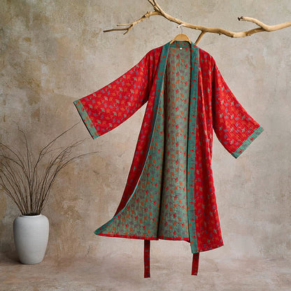 Lightweight Cotton Gauze Kimono Robe for Women & Men – Japanese Style Loungewear with Ginkgo Leaf Print & Adjustable Tie – Breathable
