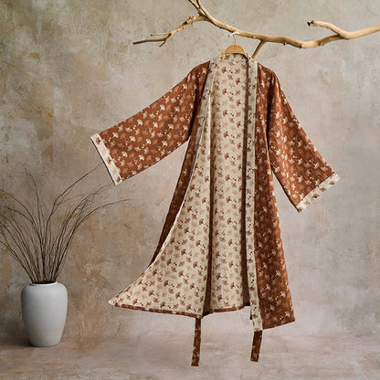 Lightweight Cotton Gauze Kimono Robe for Women & Men – Japanese Style Loungewear with Ginkgo Leaf Print & Adjustable Tie – Breathable