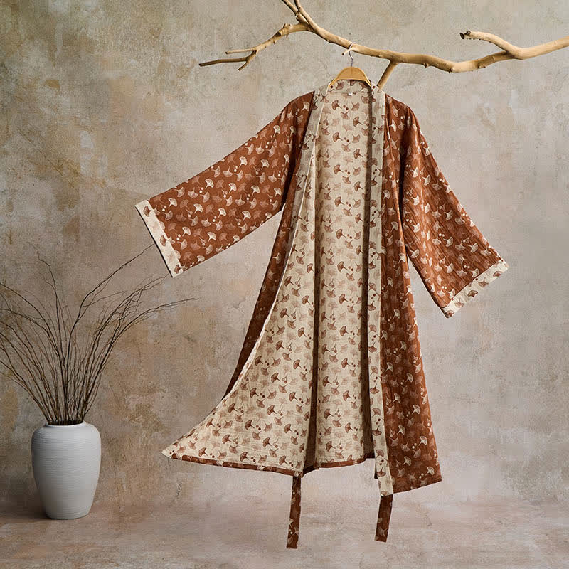 Bata tipo kimono de algodón ligero para mujer y hombre – Ropa de estar por casa estilo japonés con estampado de hojas de ginkgo y lazo ajustable – Transpirable