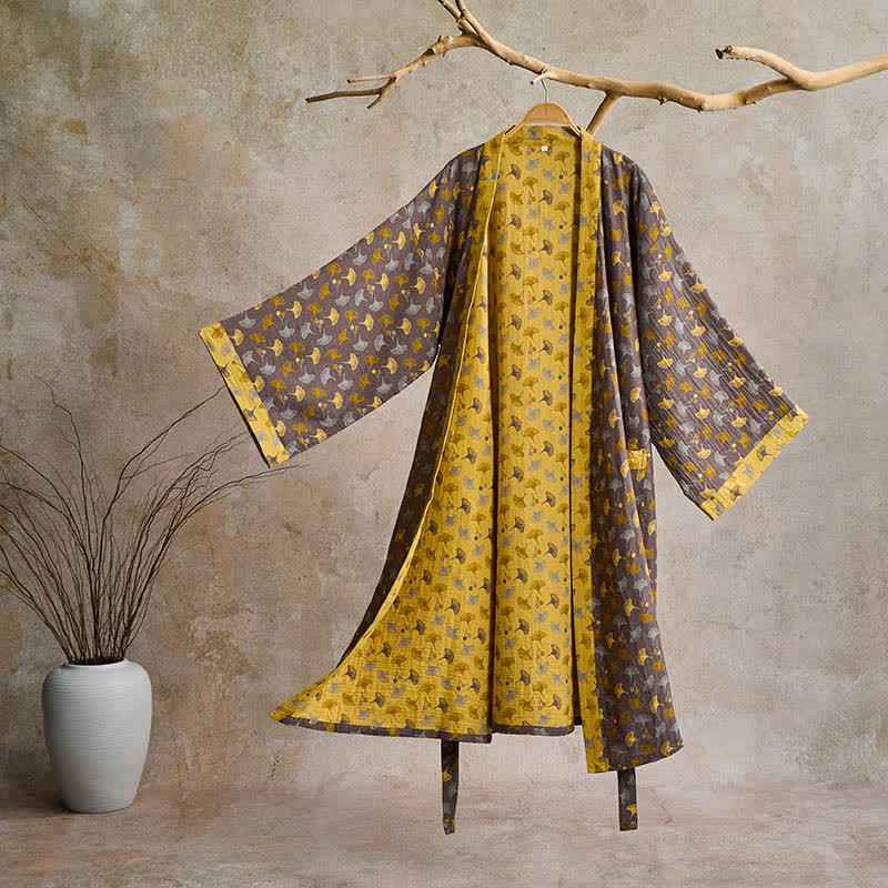 Bata tipo kimono de algodón ligero para mujer y hombre – Ropa de estar por casa estilo japonés con estampado de hojas de ginkgo y lazo ajustable – Transpirable