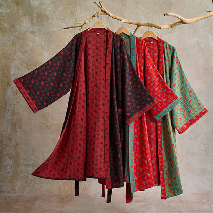 Lightweight Cotton Gauze Kimono Robe for Women & Men – Japanese Style Loungewear with Ginkgo Leaf Print & Adjustable Tie – Breathable