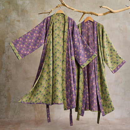Lightweight Cotton Gauze Kimono Robe for Women & Men – Japanese Style Loungewear with Ginkgo Leaf Print & Adjustable Tie – Breathable