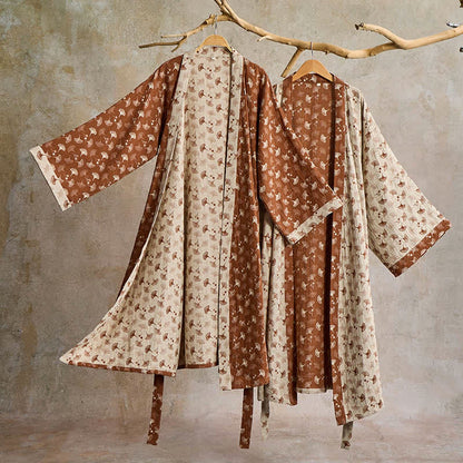 Lightweight Cotton Gauze Kimono Robe for Women & Men – Japanese Style Loungewear with Ginkgo Leaf Print & Adjustable Tie – Breathable
