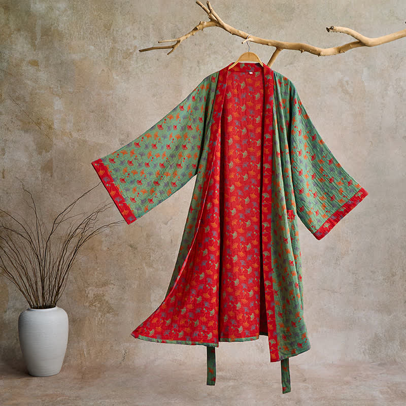 Bata tipo kimono de algodón ligero para mujer y hombre – Ropa de estar por casa estilo japonés con estampado de hojas de ginkgo y lazo ajustable – Transpirable