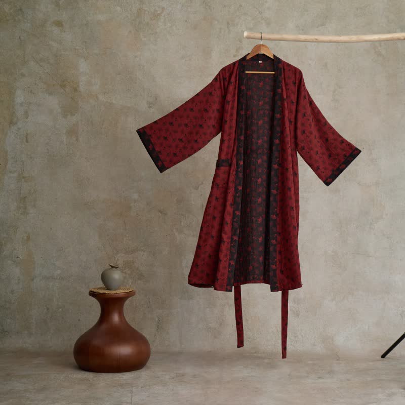 Bata tipo kimono de algodón ligero para mujer y hombre – Ropa de estar por casa estilo japonés con estampado de hojas de ginkgo y lazo ajustable – Transpirable