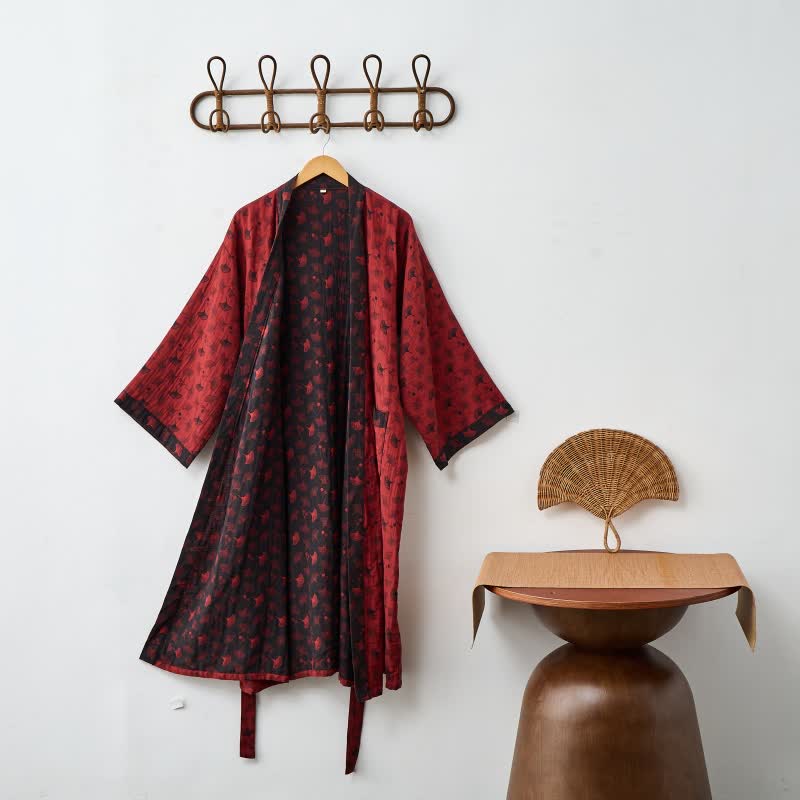 Lightweight Cotton Gauze Kimono Robe for Women & Men – Japanese Style Loungewear with Ginkgo Leaf Print & Adjustable Tie – Breathable