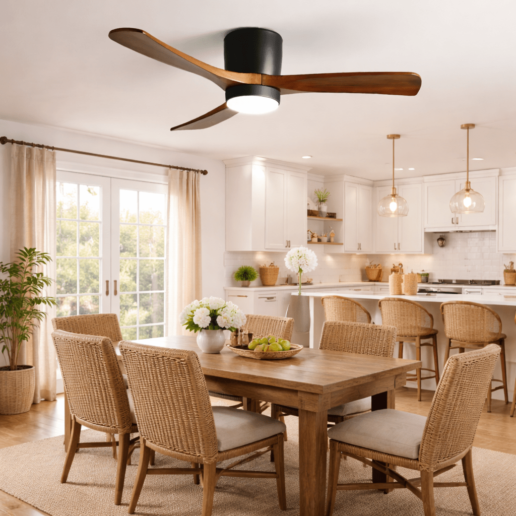 Wood Blade Ceiling Fan with Integrated LED Light and Remote Control for Bedroom Living Room Quiet DC Motor Airflow Year-Round Comfort Scandi