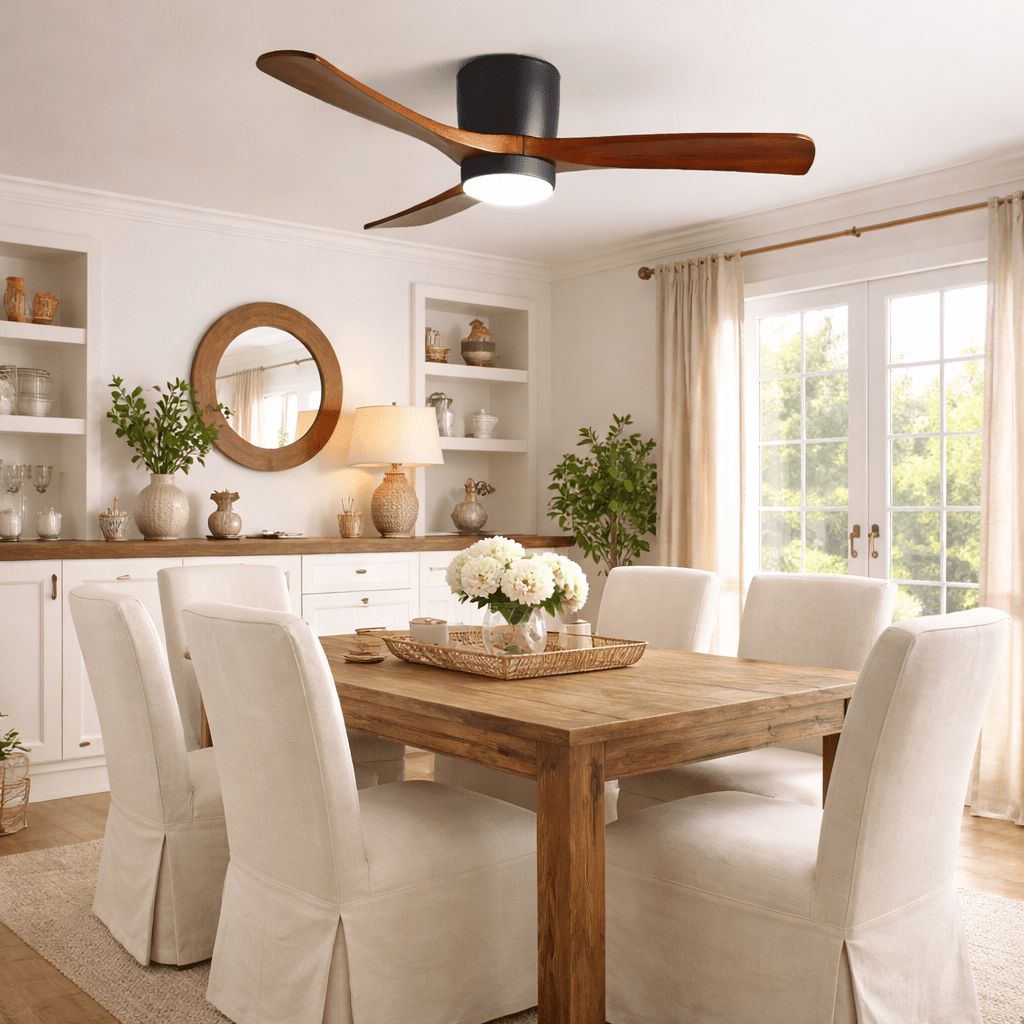 Wood Blade Ceiling Fan with Integrated LED Light and Remote Control for Bedroom Living Room Quiet DC Motor Airflow Year-Round Comfort Scandi