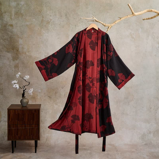 Bata de algodón estilo japonés para mujer con estampado botánico extragrande | Kimono ligero para estar en casa y dormir