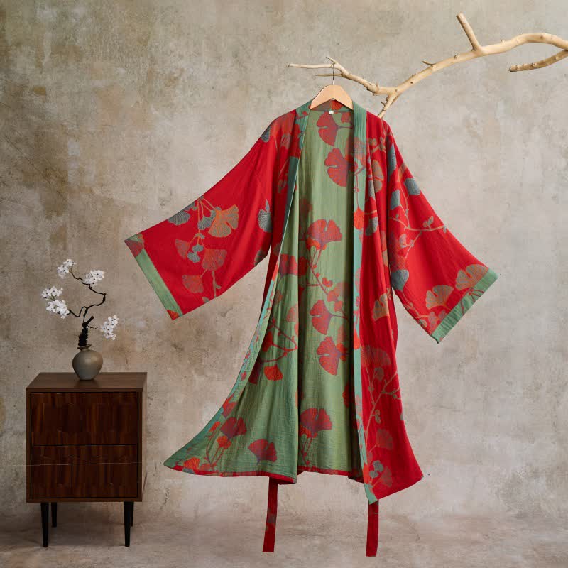 Reversible Cotton Kimono Robe with Ginkgo Leaf Print for Women - Lightweight Spa Bathrobe with Belt & Dual-Tone Design
