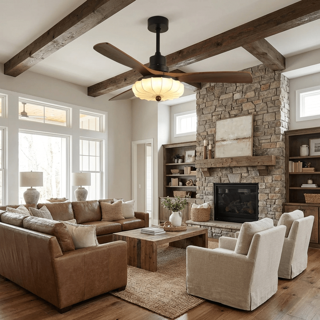 Wood Blade Ceiling Fan with Drum Shade Light DC Motor 6 Speed Remote Indoor Dining Living Bedroom Adjustable 36 42 48 52 Inch Quiet Reversib