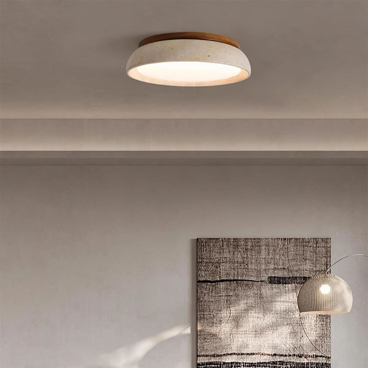 Flush Mount LED Overhead Light with Natural Stone & Wood Accents for Bedrooms, Hallways & Low Ceilings – Warm 3000K Glow, Scandinavian Minim
