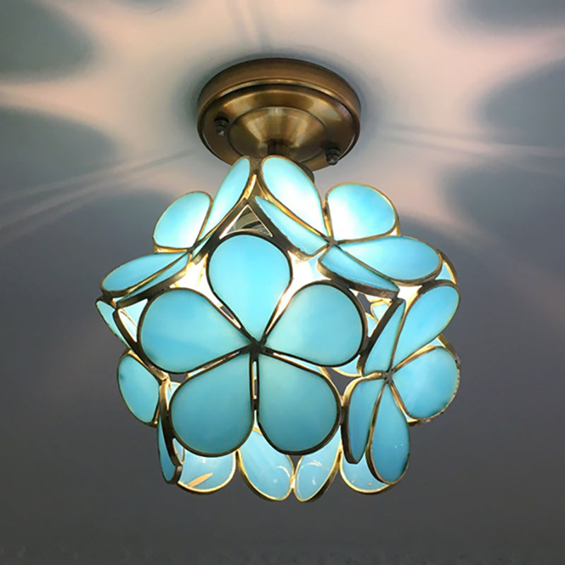 Stained Glass Ceiling Light Fixture with Botanical Design – Semi-Flush Mount 8-Inch Dome for Hallway, Bedroom, Kitchen