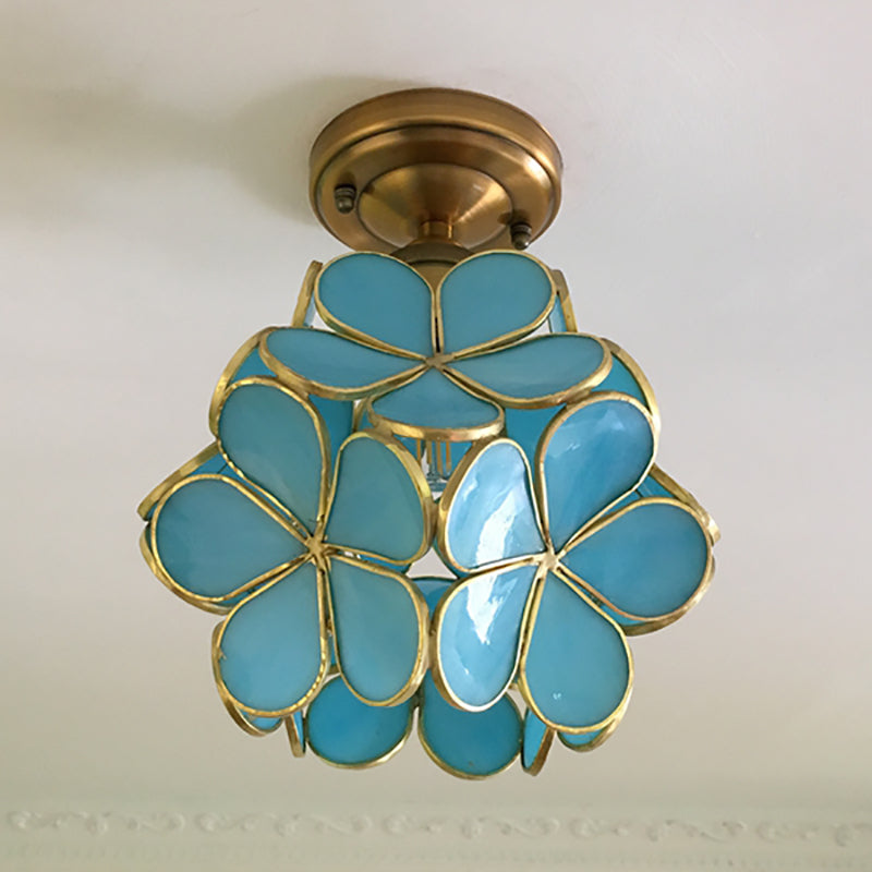 Stained Glass Ceiling Light Fixture with Botanical Design – Semi-Flush Mount 8-Inch Dome for Hallway, Bedroom, Kitchen