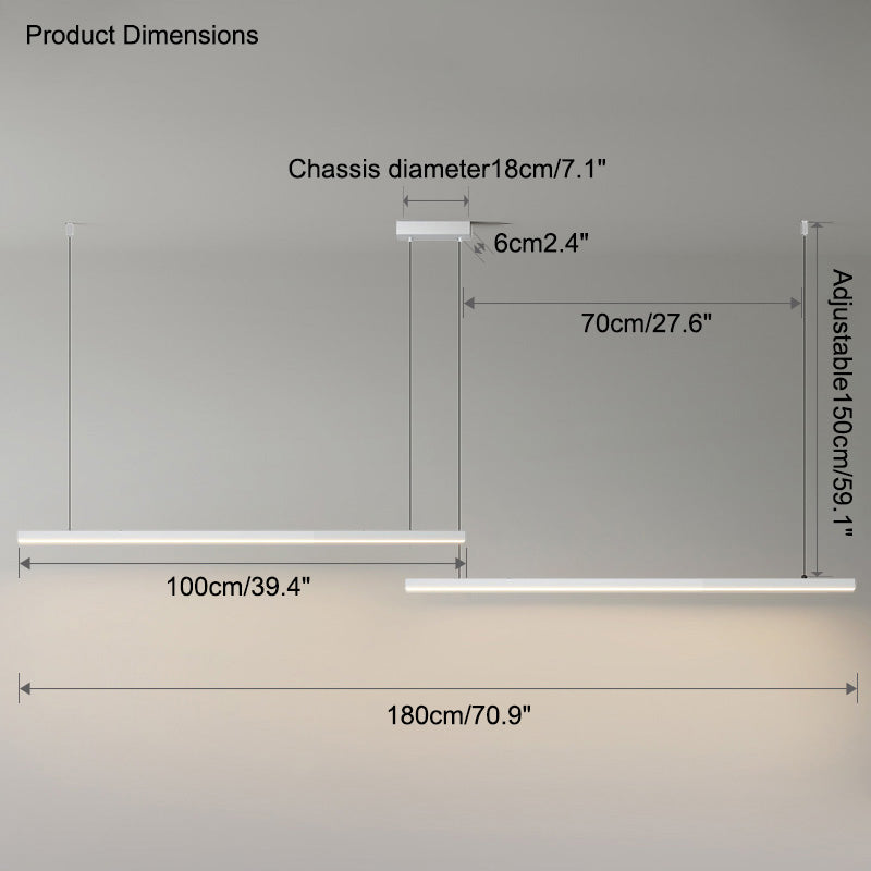 Suspended LED Strip Fixture for Countertop Islands – Dimmable Metal Bar Light with Remote in Matte or Gloss White – 39 to 102 in Adjustable