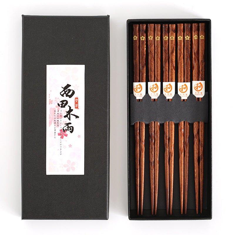 Wooden Chopstick Set with Cherry Blossom Detail – 5 Pairs Lightweight Natural Wood Utensils for Asian Cuisine, Noodles, Rice