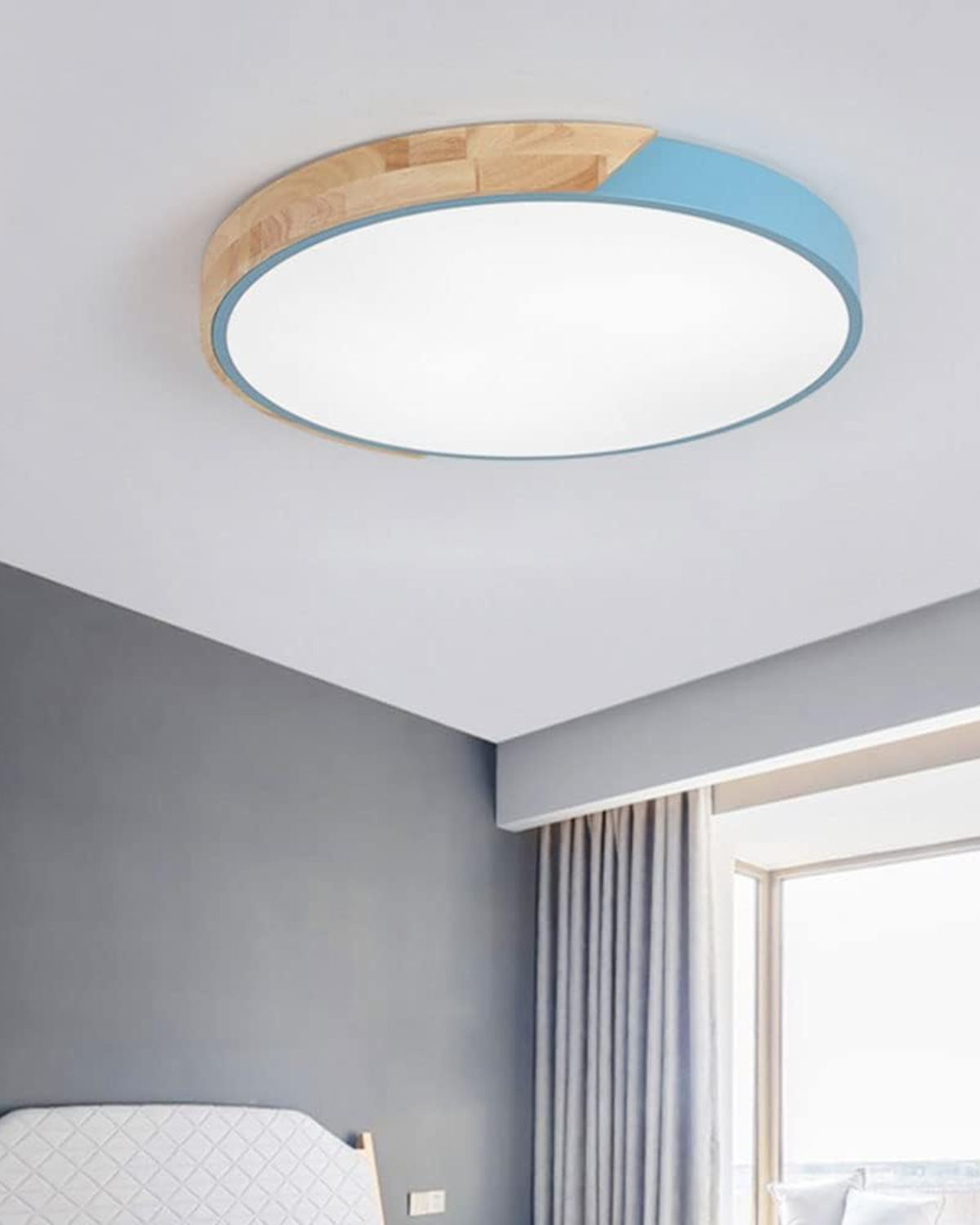 Round Flush Mount Ceiling Light with Wood Accent and Integrated LED – Modern Low Profile Fixture in 9, 12, 16, 20, and 24 inch Sizes for Liv