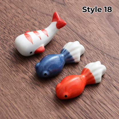 Porcelain Utensil Holders with Animal and Fruit Designs for Asian Dining – Set of 3 Decorative Tabletop Rests