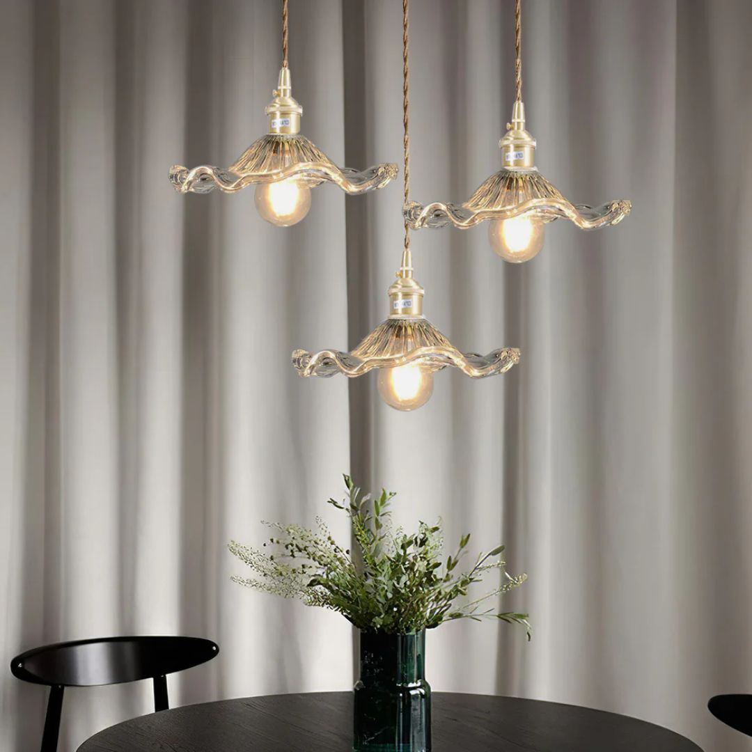 Glass Ceiling Light with Sculptural Ripple Edge – 9 in Hanging Fixture with Metal Hardware for Kitchen, Dining Area, or Bedroom – Adjustable