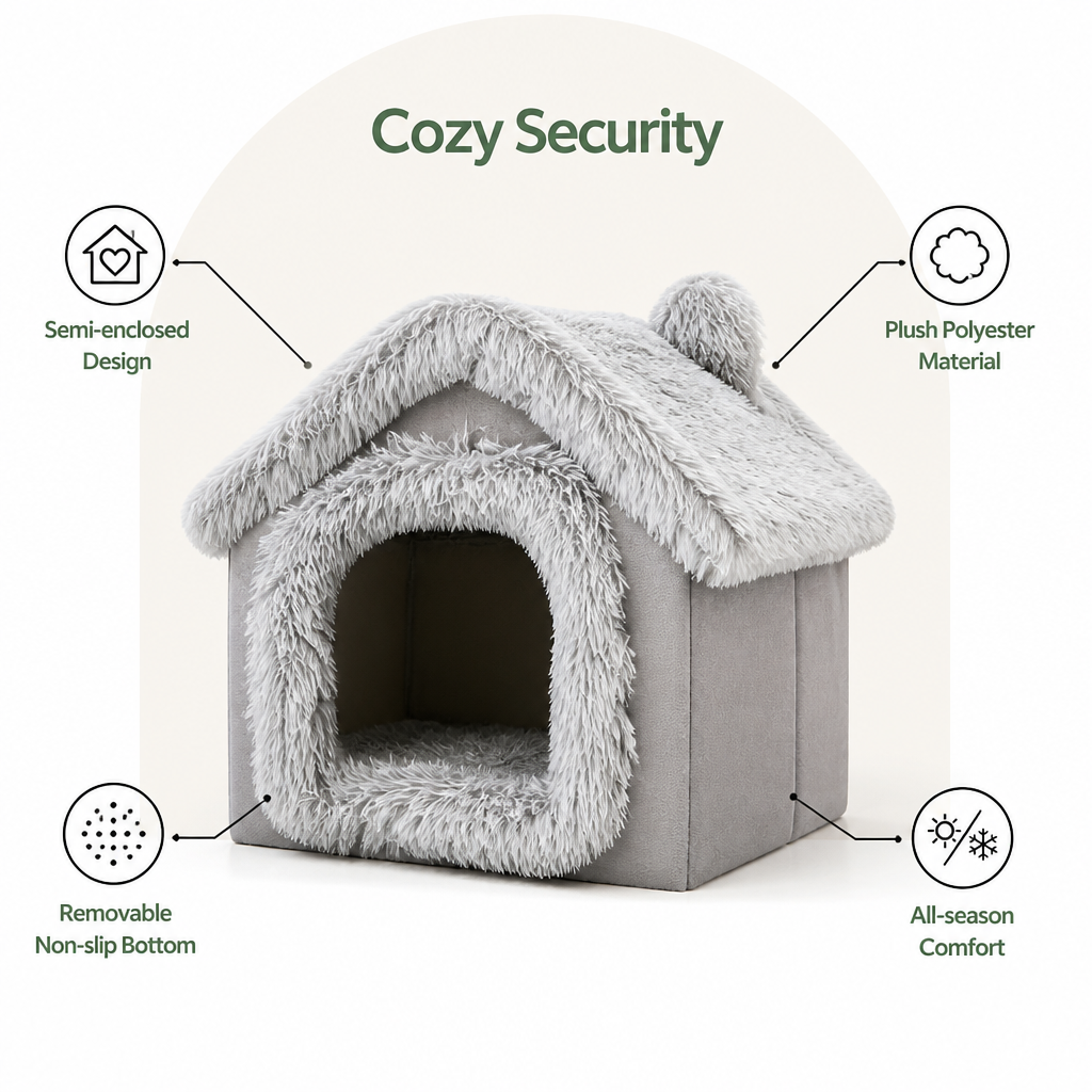 Ortekor Semi-Enclosed Plush Cat Bed (Removable Non-Slip Base)