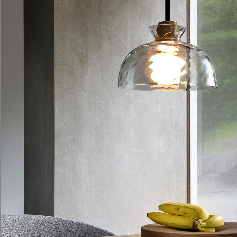 Clear Glass Pendant Light with Wood Accent E26 Socket for Kitchen Island Dining Room Bedroom Ceiling Fixture Hardwired Hanging Lamp