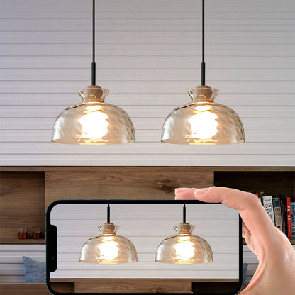 Hanging Ceiling Fixture Glass and Wood Shade Adjustable Cord E26 Socket for Bedroom Den Kitchen Dining Room Hallway