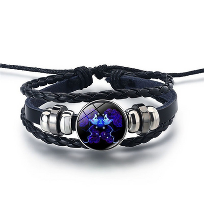 Adjustable Leather Zodiac Bracelet with Blue Stone Charm for Men & Women | Classic Wrist Cuff with Astrology Symbol | Handcrafted Steel &