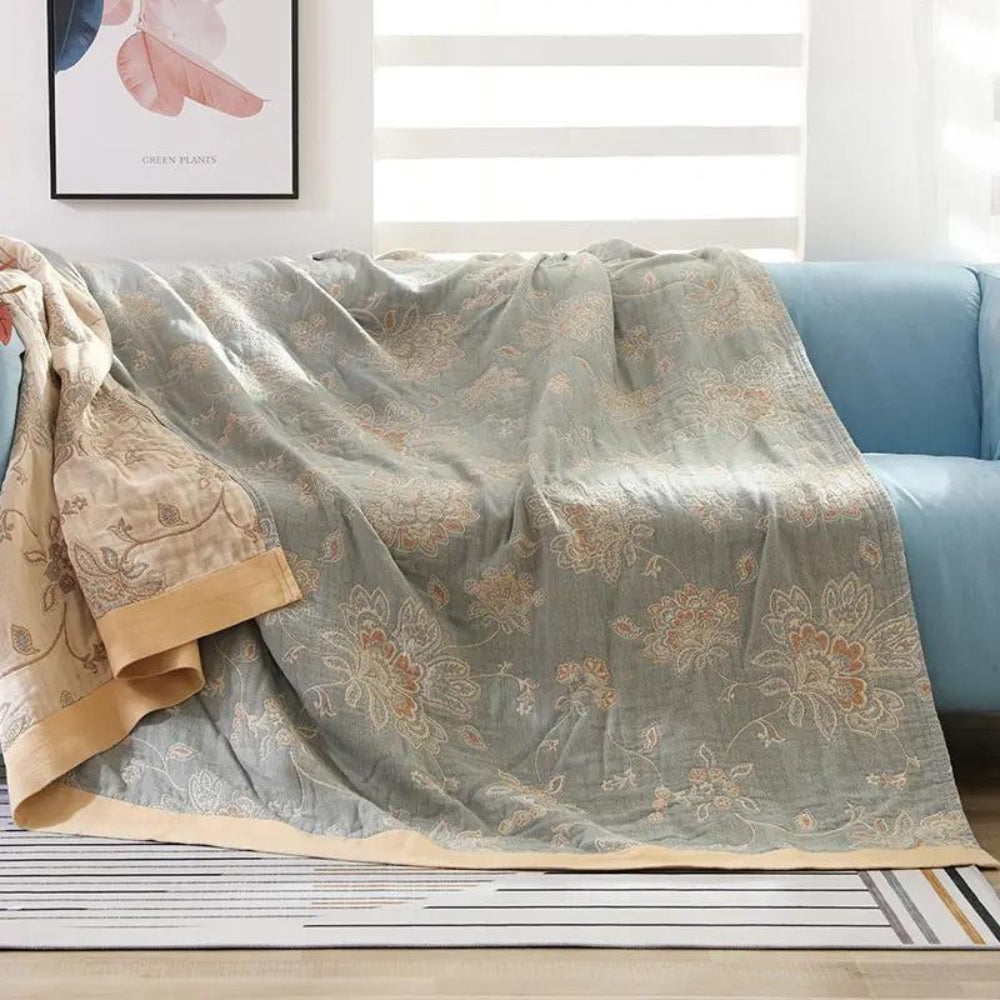 Layered Cotton Gauze Throw Blanket with Botanical Print for Bed or Couch – Lightweight Year-Round Comfort for Bedroom Living Room