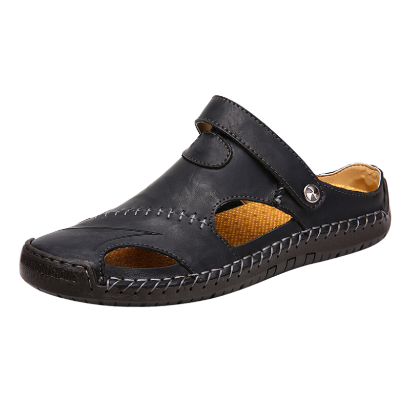 Men's Leather Slide Sandals – Closed Toe Slip-On with Orthopedic Support & Non-Slip Sole for Summer, Casual Wear, Travel & Vacation