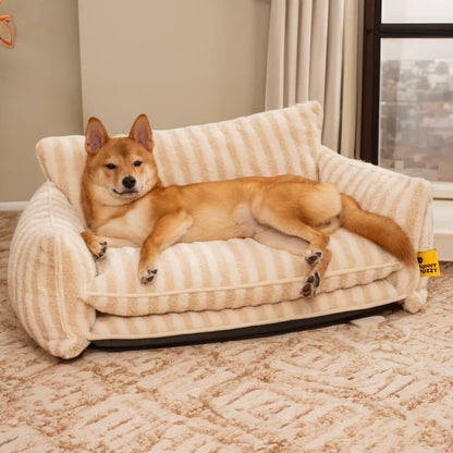 Plush Pet Couch with Washable Cover - Dual-Layer Cushioned Lounger for Dogs & Cats - Striped Fleece Nap Spot