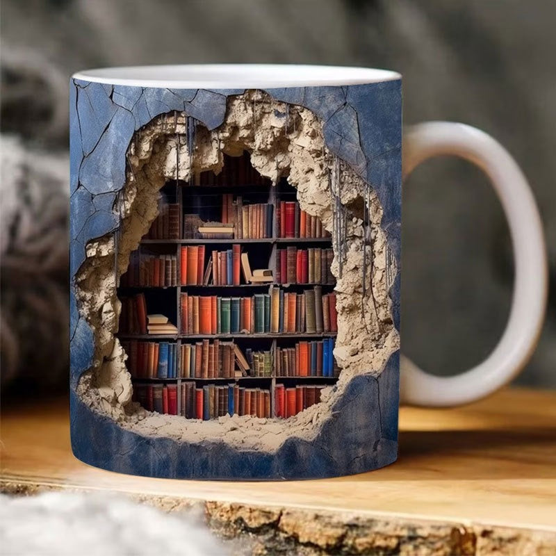 Ceramic Mug with 3D Bookshelf Wrap Design for Coffee Tea Hot Drinks Book Lovers Library Kitchen Microwave Dishwasher Safe Literary Gift