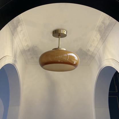 Amber Glass Semi-Flush Ceiling Light with Antique Gold Finish for Bedroom & Living Room - 11 Inch Single-Bulb Hardwired Fixture