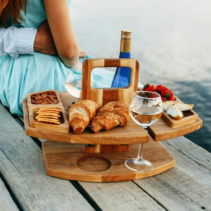 Outdoor Wine & Cheese Picnic Table Set – Folding Oak Wood Wine Holder with Glass & Snack Tray for Beach, Garden, Camping & Patio