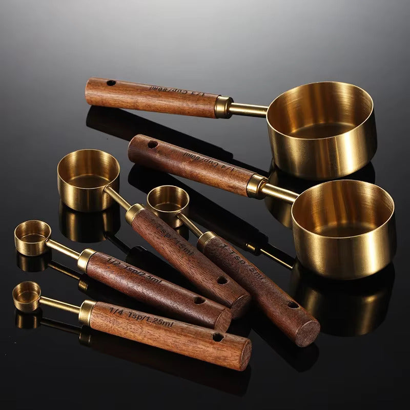 Stainless Steel Measuring Cup and Spoon Set with Oak Handles 8-Piece Kitchen Portion Tool for Baking Cooking Coffee and Meal Prep