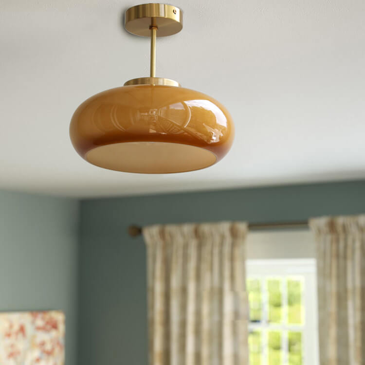Amber Glass Semi-Flush Ceiling Light with Antique Gold Finish for Bedroom & Living Room - 11 Inch Single-Bulb Hardwired Fixture