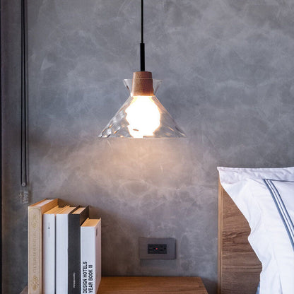 Clear Glass Pendant Light with Wood Accent E26 Socket for Kitchen Island Dining Room Bedroom Ceiling Fixture Hardwired Hanging Lamp