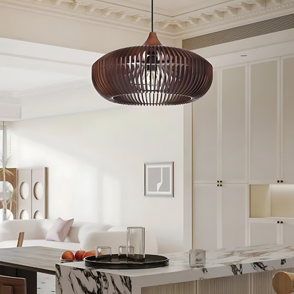 Lámpara de techo redonda de listones de madera natural de 17 pulgadas estilo Japandi, luz colgante ambiental para mesa de comedor, isla de cocina o sala de estar