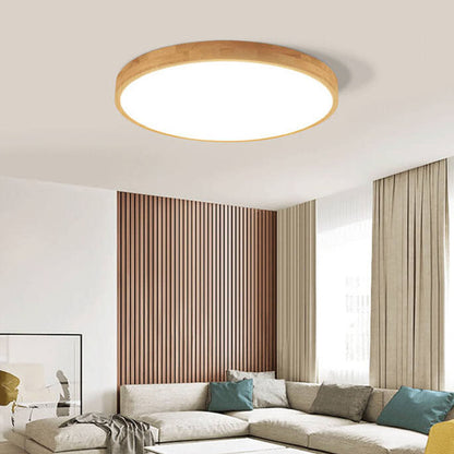 Slim Profile Round Wood Ceiling Light Fixture with Integrated LED – Modern Flush Mount in Natural Beige Finish for Bedroom, Living Room &