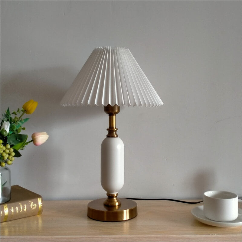 Metal Desk Lamp with Pleated Shade 18 in Tall E12 Socket Plug-In for Bedroom Nightstand Office Study Living Room Reading Light Contemporary