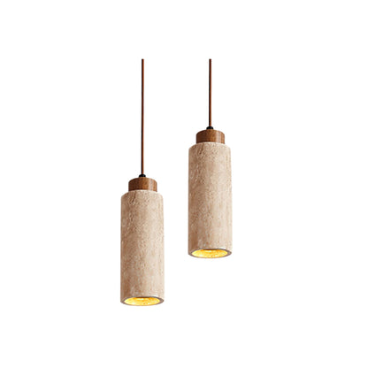 Stone Cylinder Hanging Fixture Natural Wood Accent LED Warm Glow Dining Room Kitchen Island Entryway Ceiling Light 10 inch Neutral Tone Mini