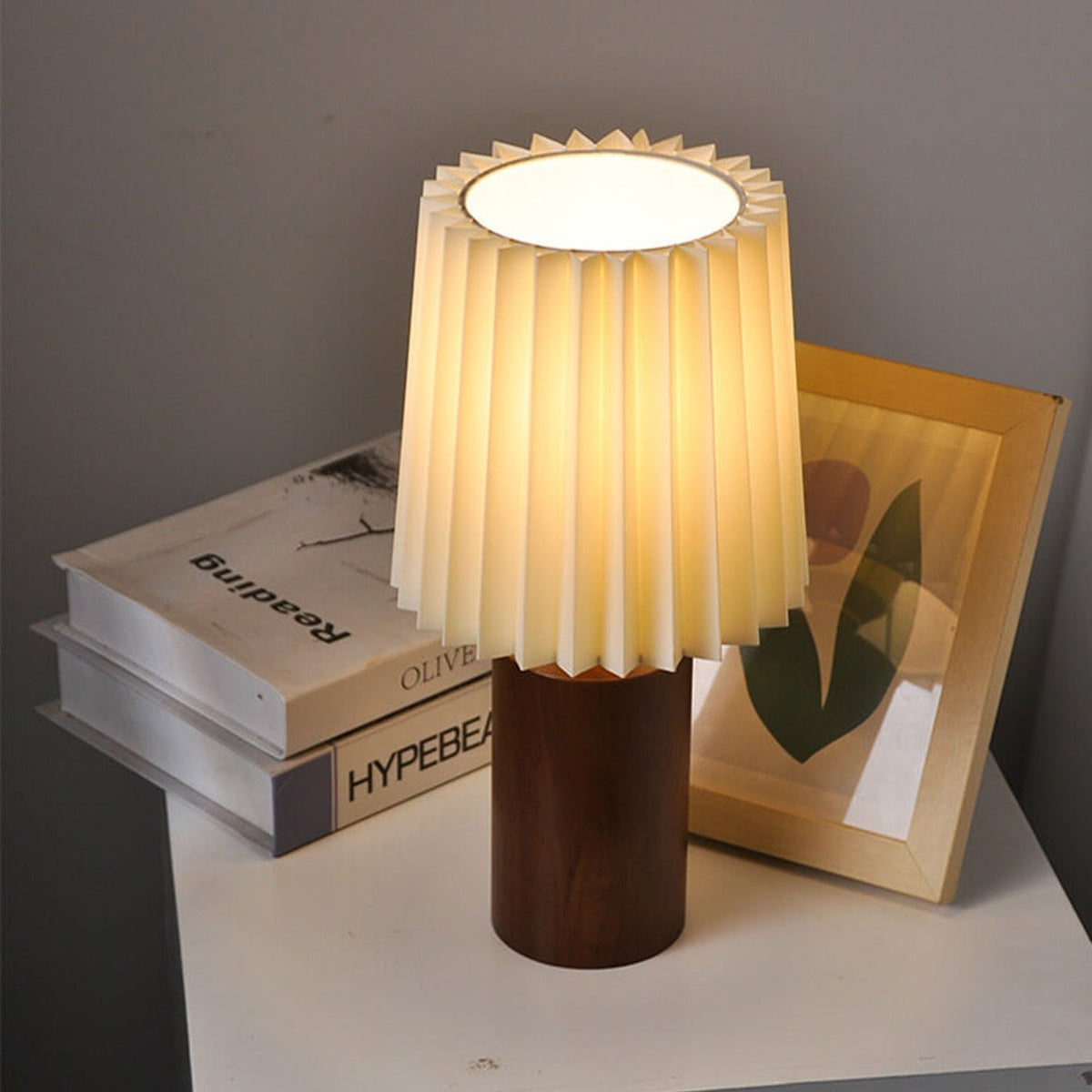 Pleated Fabric Accent Lamp with Cylindrical Wooden Base – Bedside Reading Light for Bedroom & Living Room