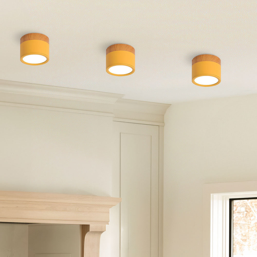 Compact LED Flush Mount Ceiling Light Fixture Wood & Metal Accent for Entryway Hallway Bedroom Kitchen 5W 7W Surface Mount Minimalist Modern
