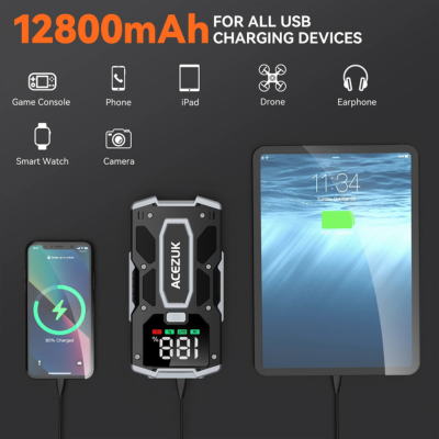 Solución de energía versátil | Arrancador portátil de 3000 A con batería externa de 12 800 mAh | Diseño compacto para uso en emergencias