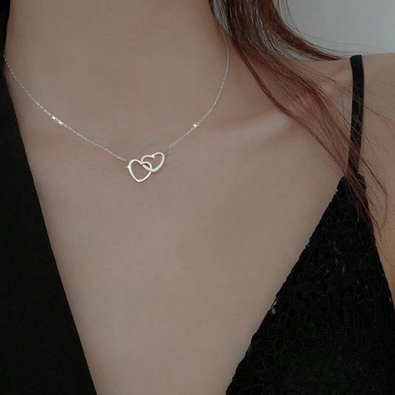 Interlocking Double Heart Pendant Titanium Steel Chain Necklace for Women Anniversary Valentines Day Jewelry Gift with Optional Spinning